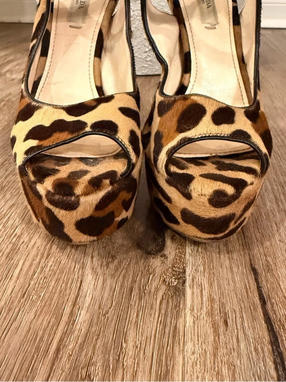 PRADA Leopard Print Pony Hair Slingback Platform Heels Luxury Designer Sz 35/5
